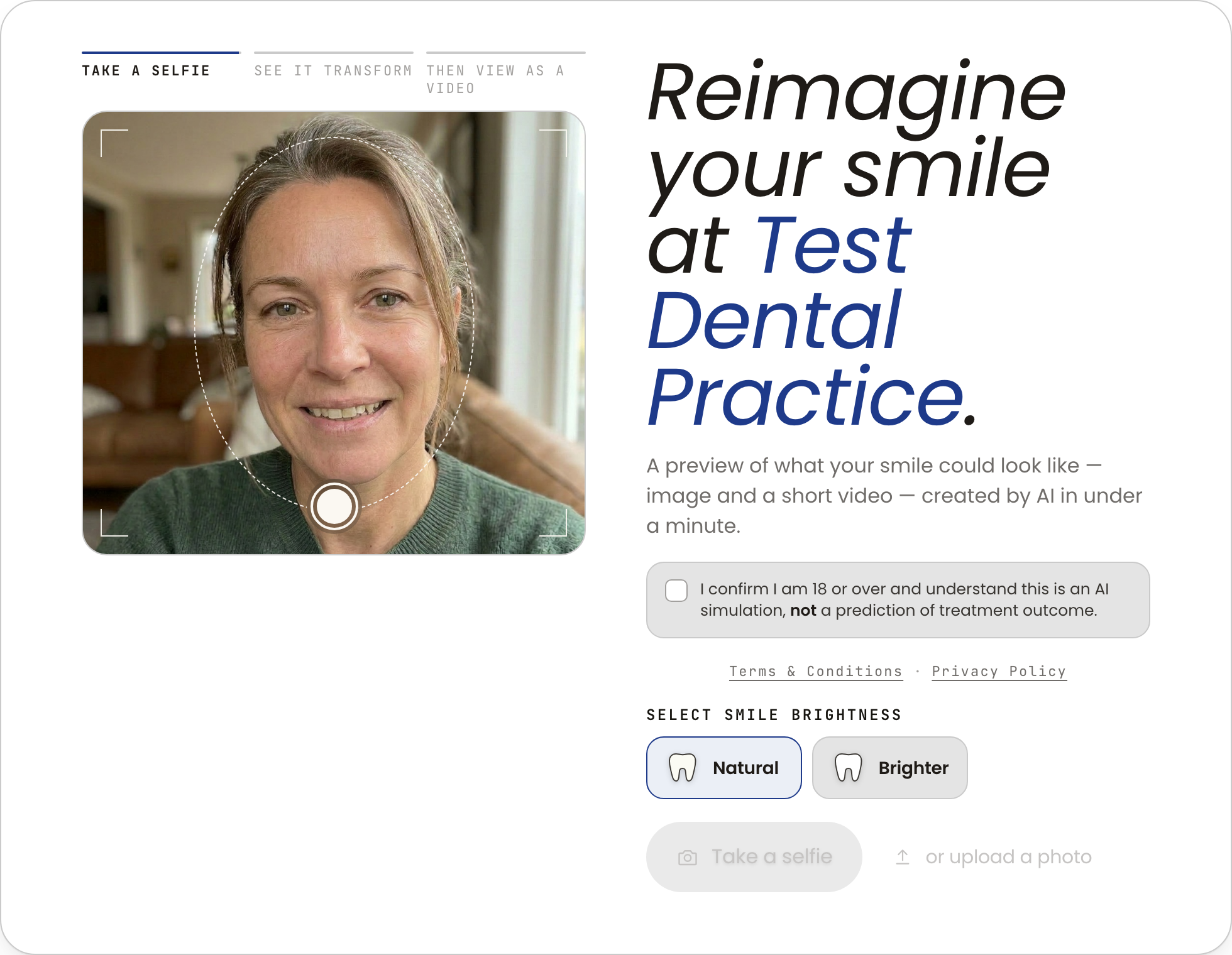Der Dentalreel-Lächeln-Simulator auf der Website einer Zahnarztpraxis — die Patientin macht ein Selfie und sieht ihr neues Lächeln.